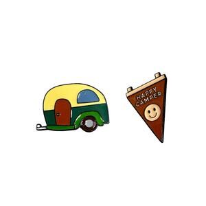 Set of Two Enamel Pins Happy Camper Flag and A Camper Lapel Pins